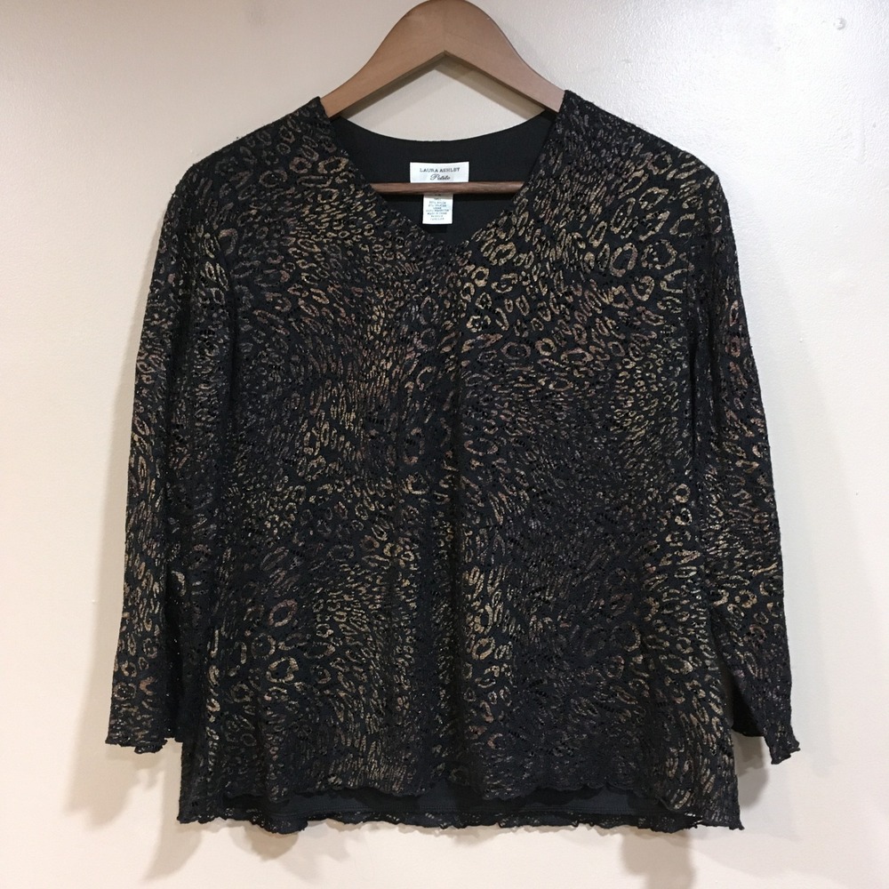 Laura Ashley Animal Print Lace Top Womens PL Black Gold Metallic Glam Party Goth